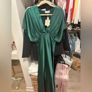Green Satin V-Neck Dress